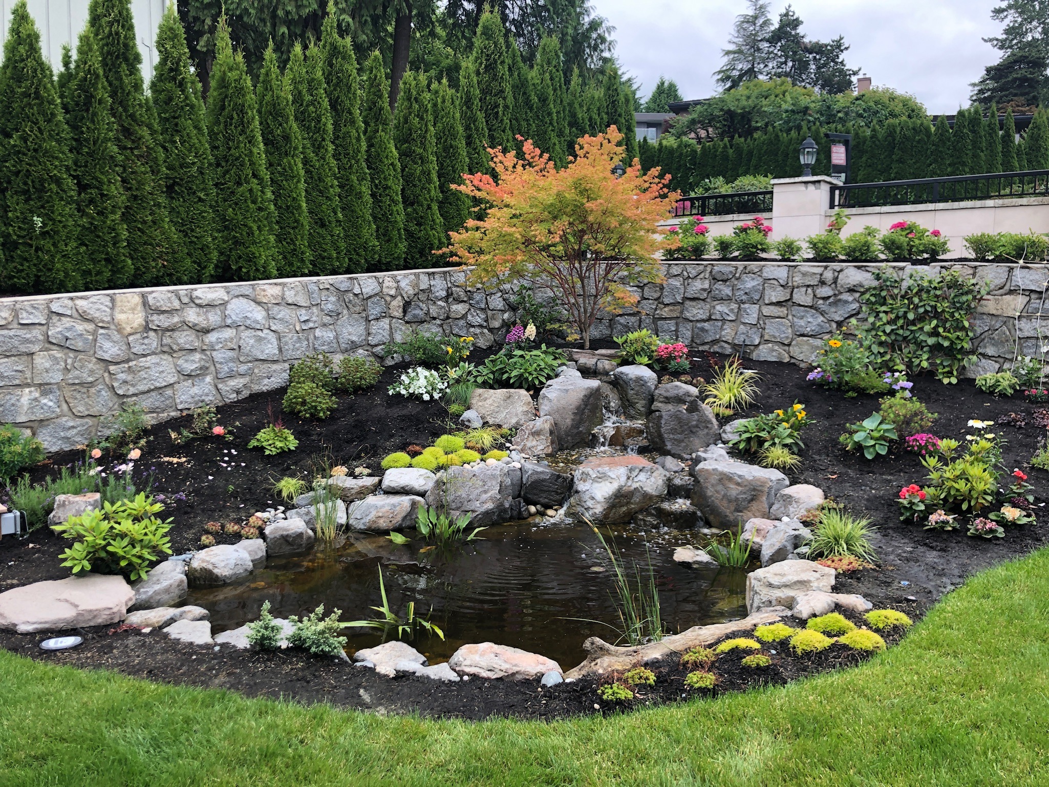 Landscaped garden with pond and stone waterfall feature
