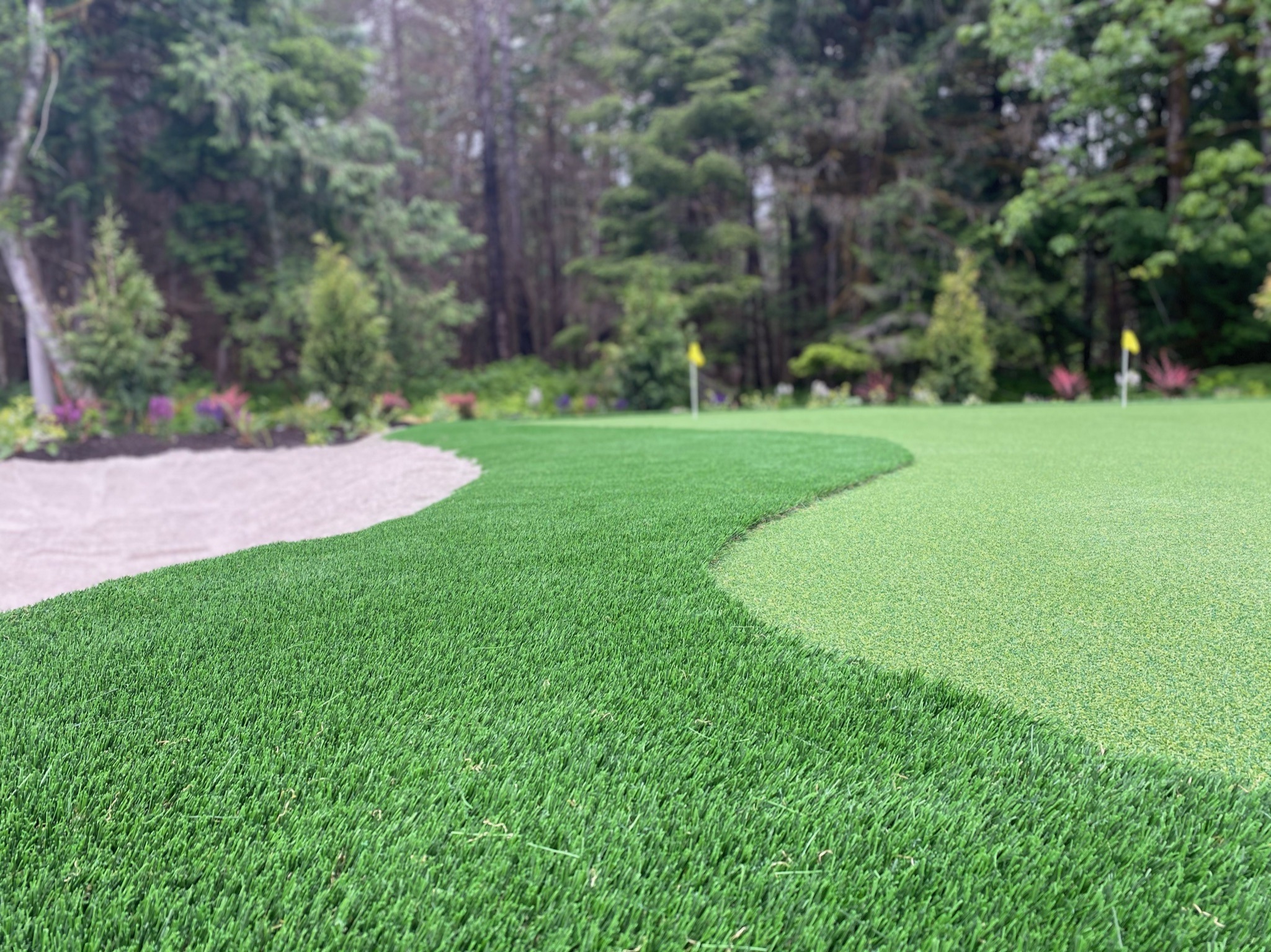 Backyard putting green with sand bunker and trees