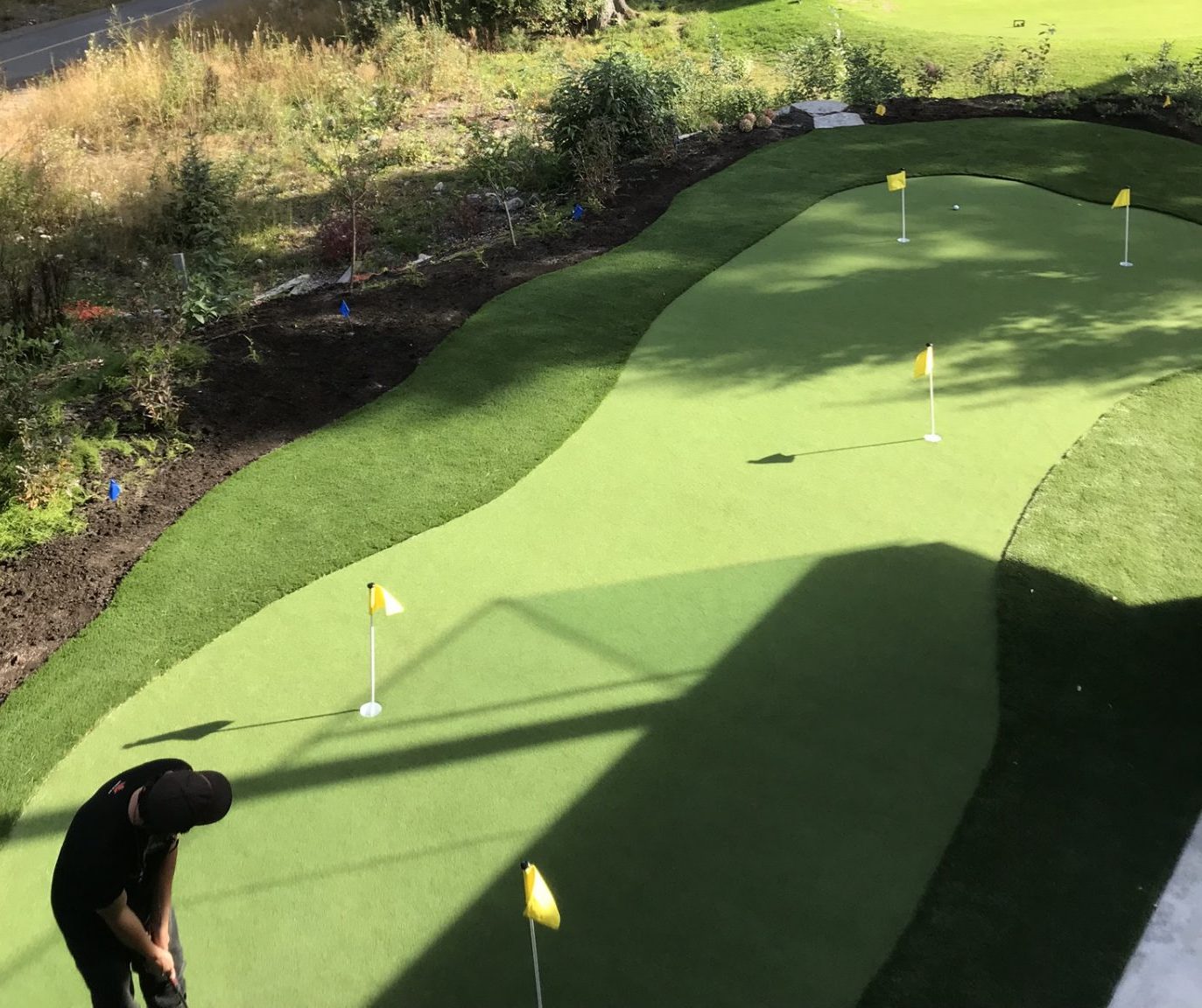 Golfer putting on green with mountain backdrop