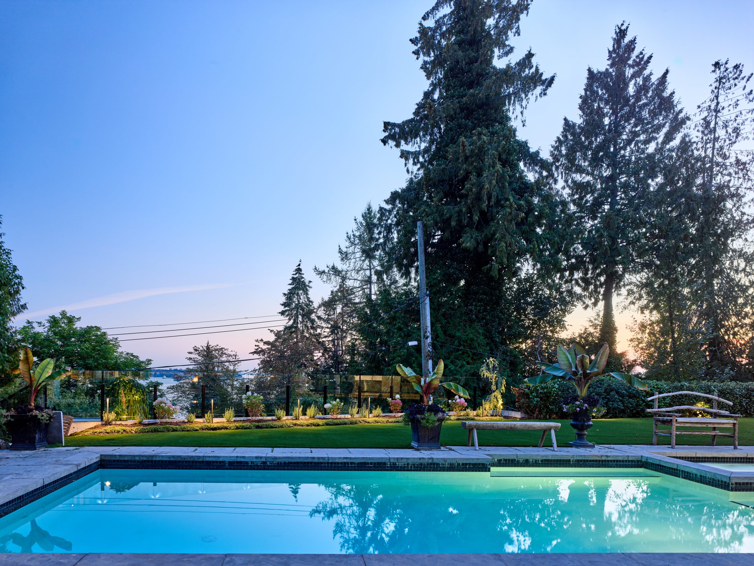 Backyard pool and garden at dusk
