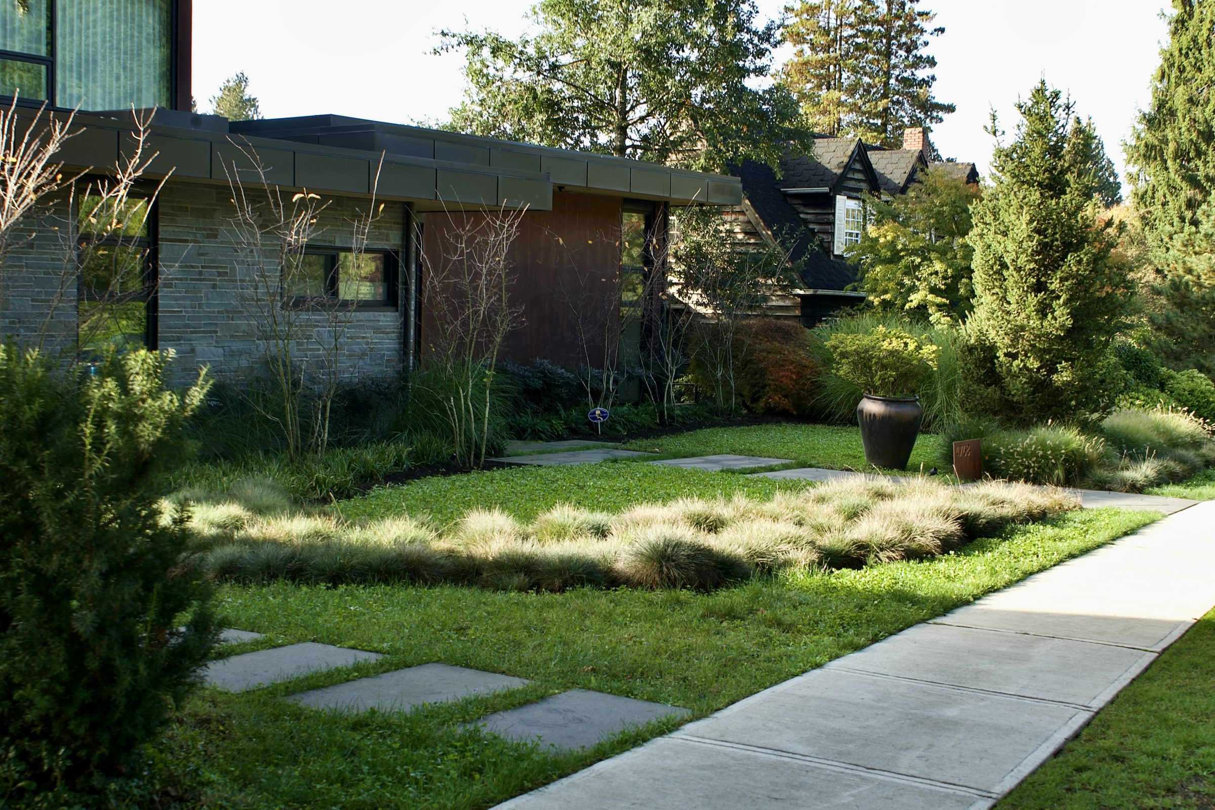 Modern home with landscaped front yard and trees