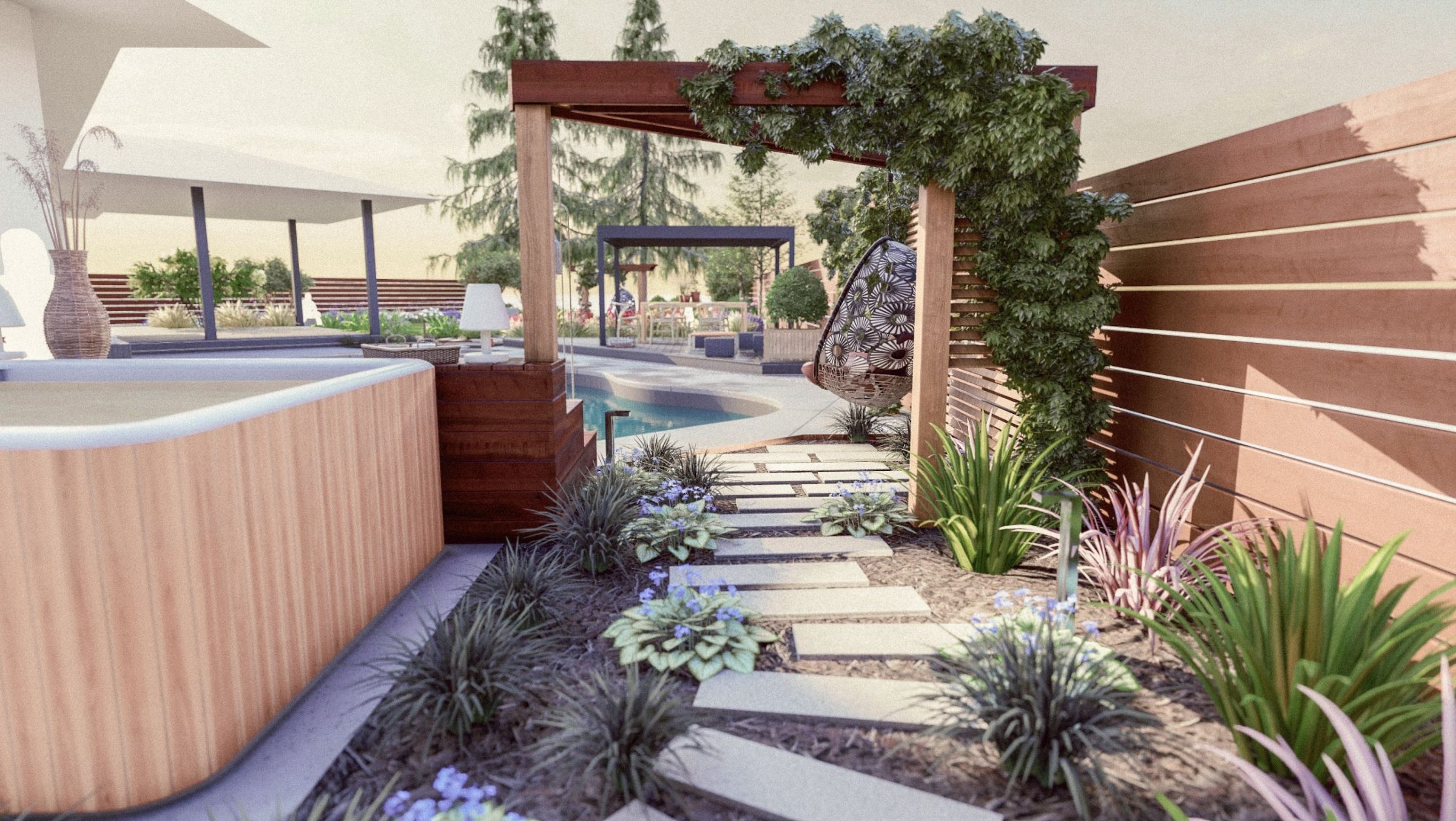 Modern backyard with pergola, hot tub, and pool
