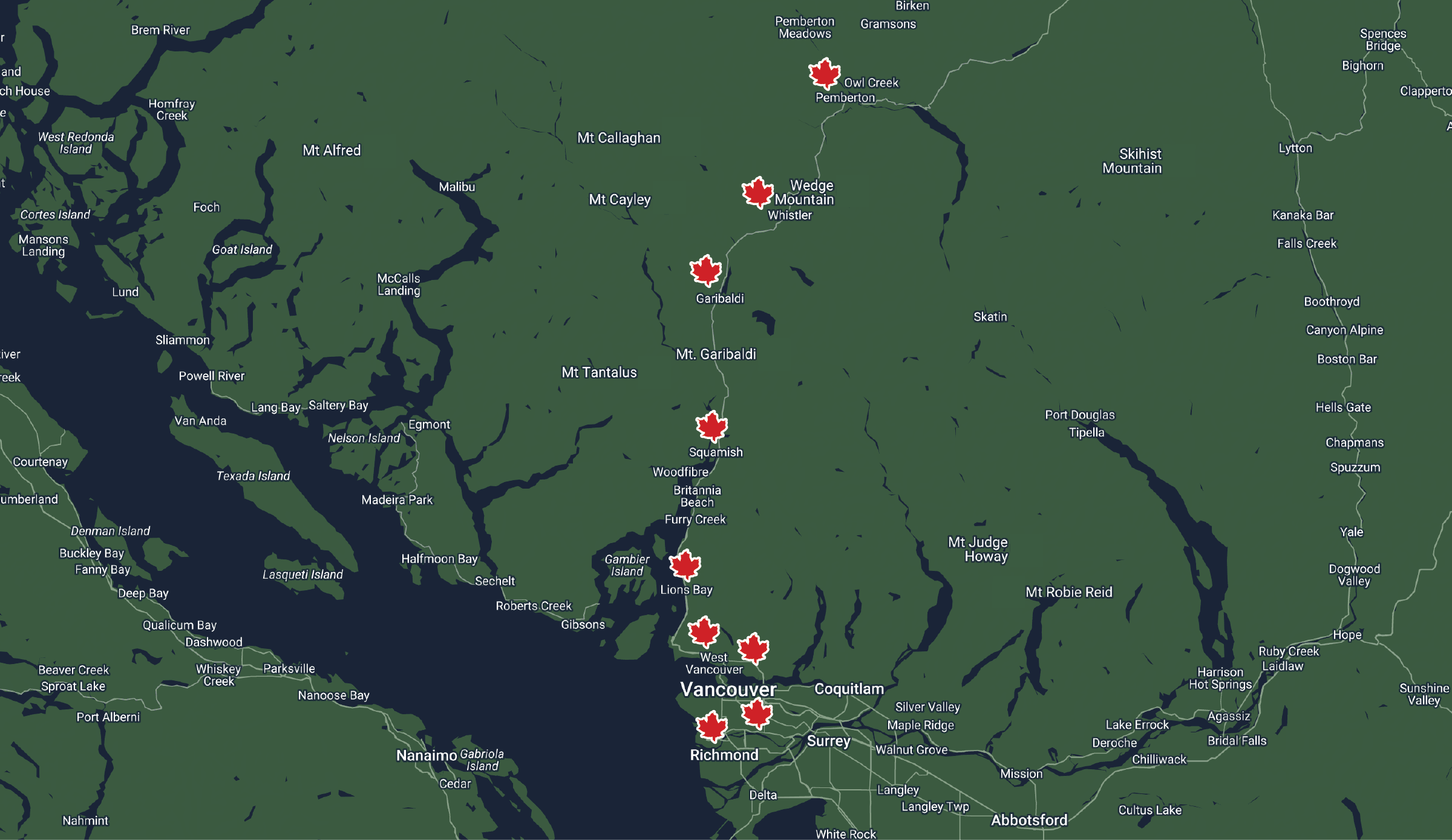 Map of Vancouver area with maple leaf markers