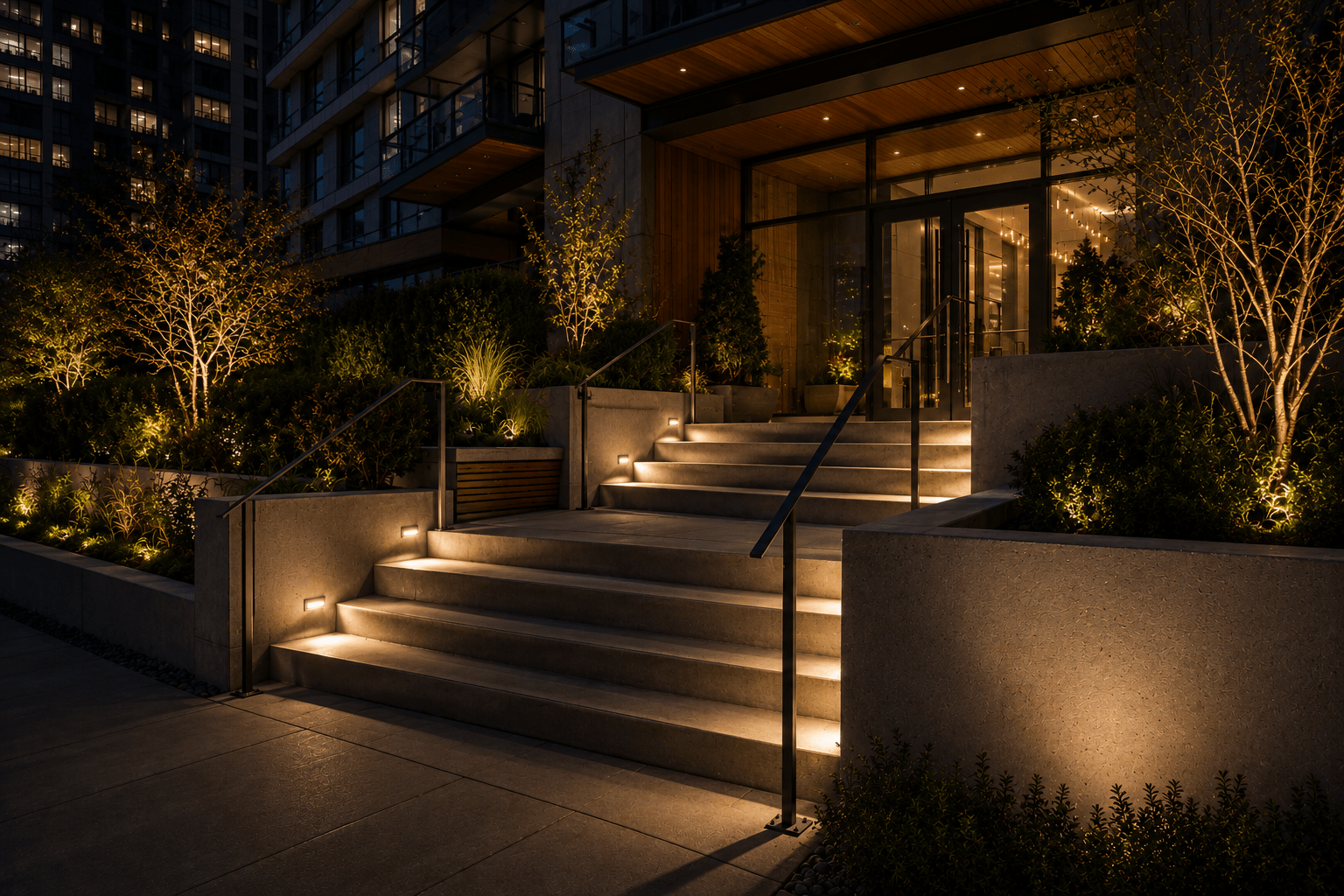Modern apartment entrance with illuminated steps at night