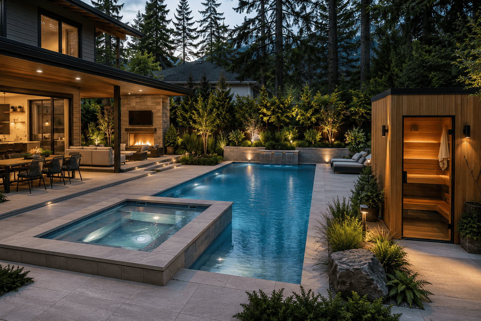 Modern backyard pool with spa and sauna