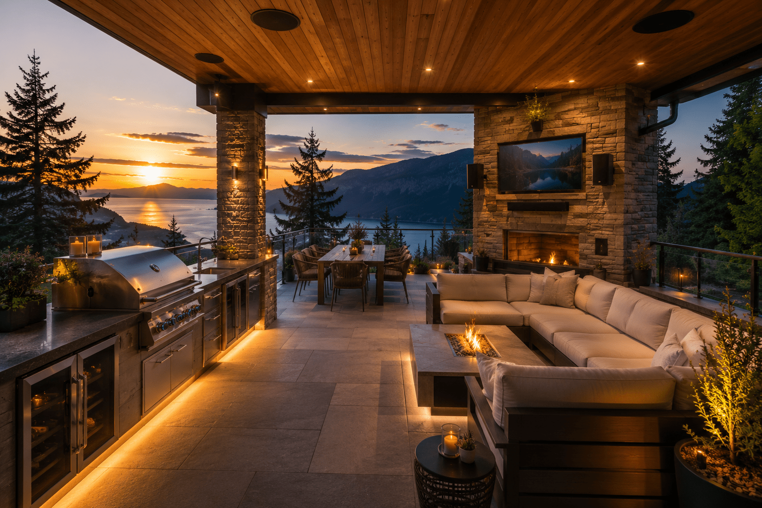 Luxury outdoor patio with sunset mountain lake view