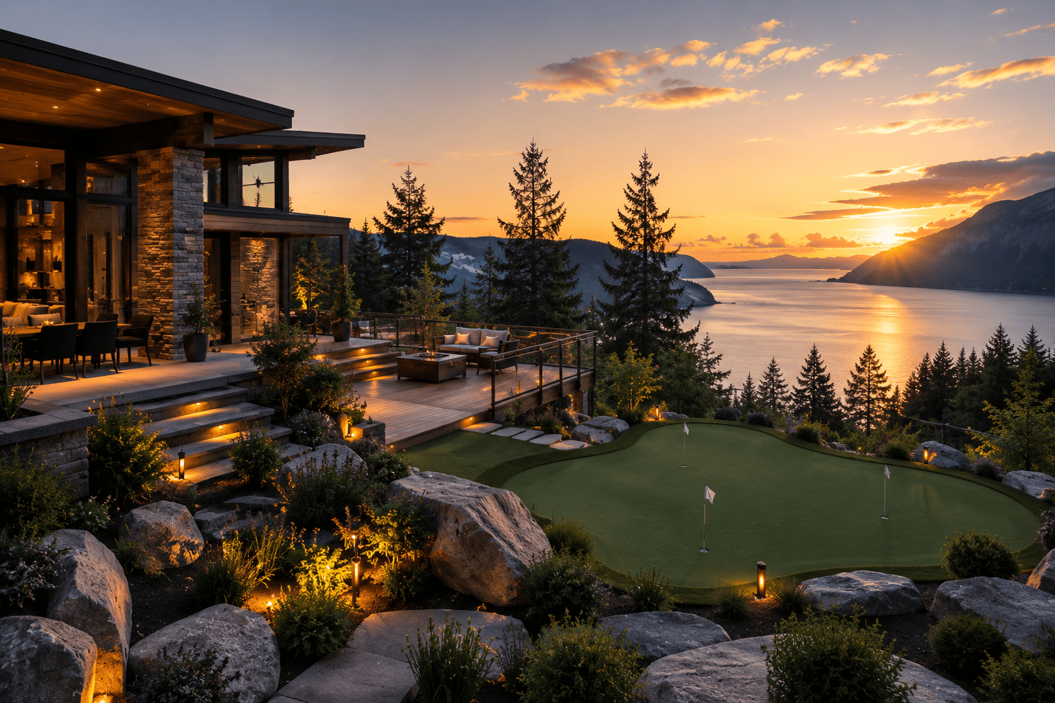 Luxury lakeside home with sunset mountain view