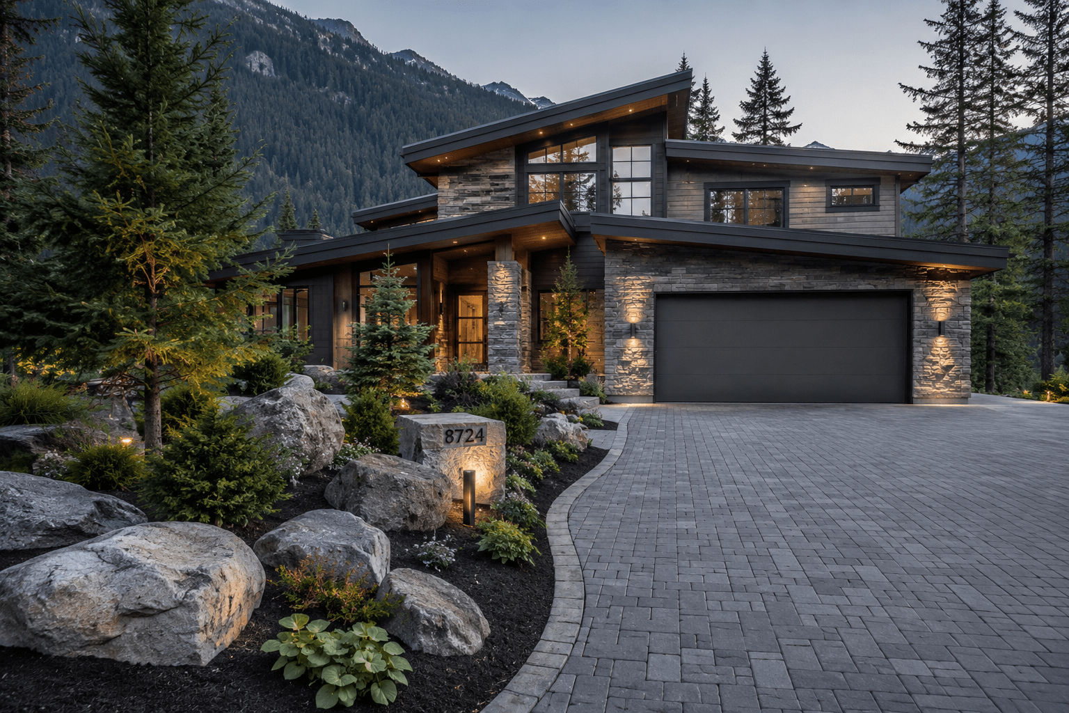 Modern mountain home with stone exterior at dusk