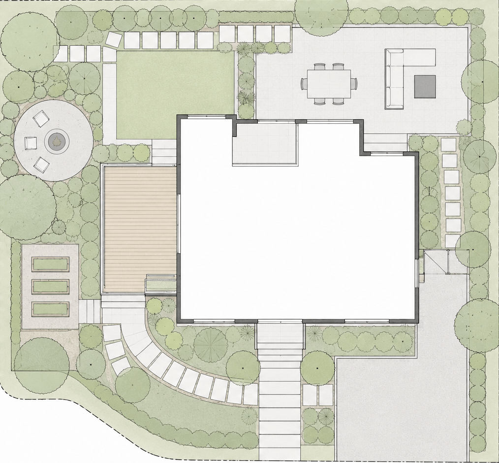 Top-down residential landscape plan with patio and garden