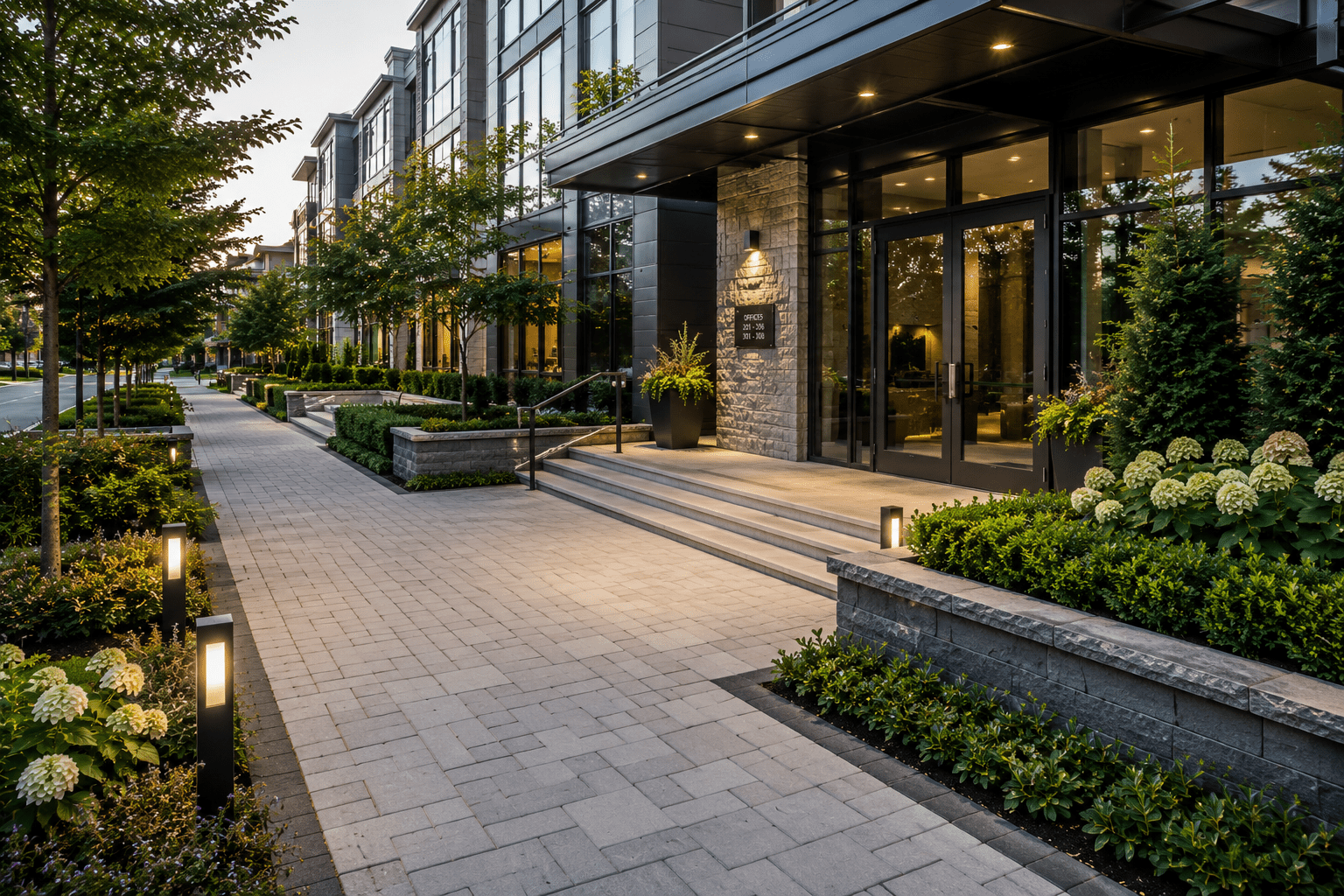 Modern apartment building entrance with landscaped walkway