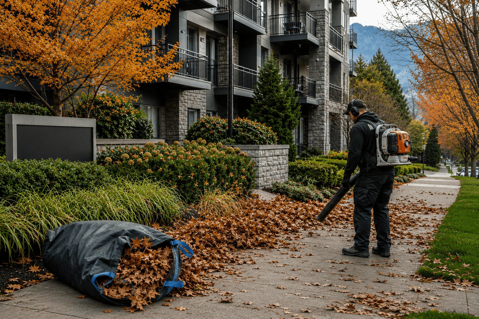 Landscaper using leaf blower on autumn sidewalk