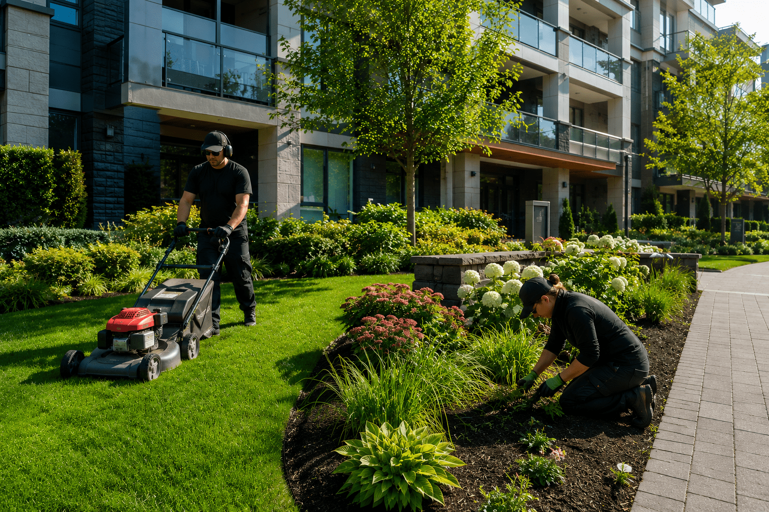 Landscapers mowing lawn and tending garden outside apartments