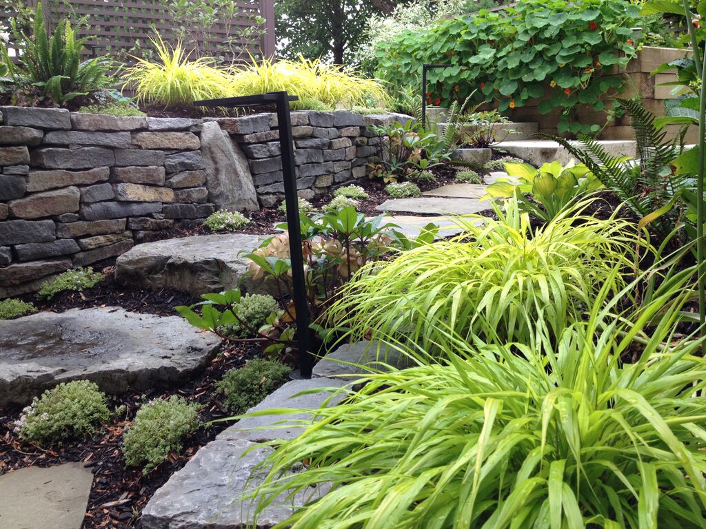 Landscaped garden with stone wall and stepping path