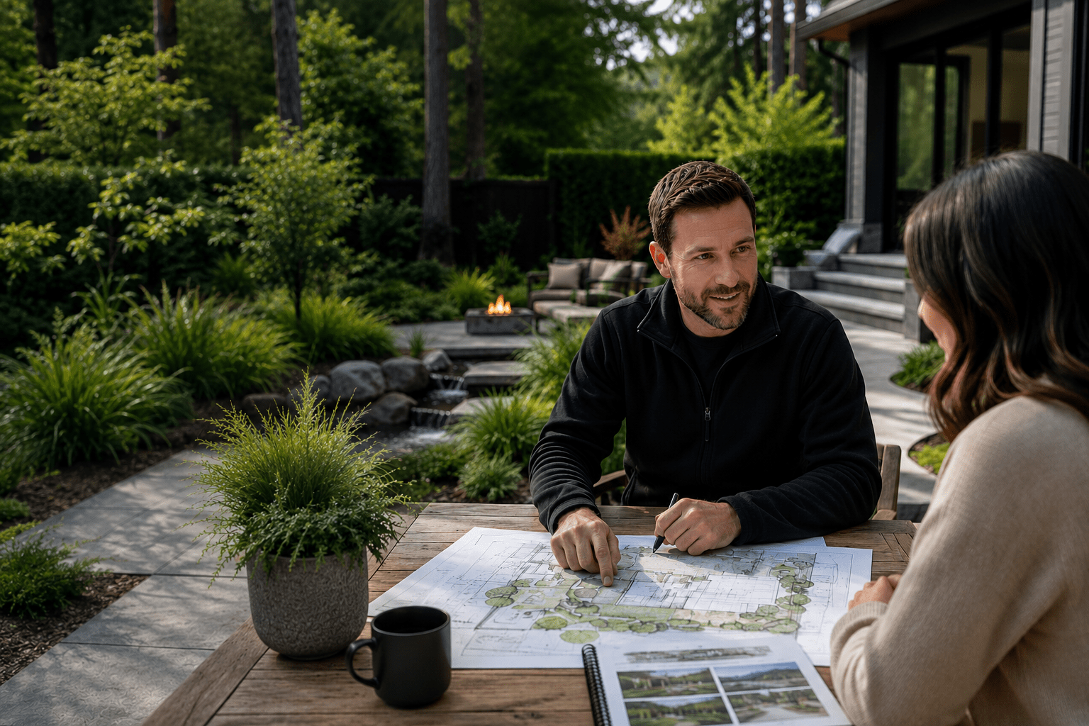 Couple reviewing backyard landscape design plans outdoors