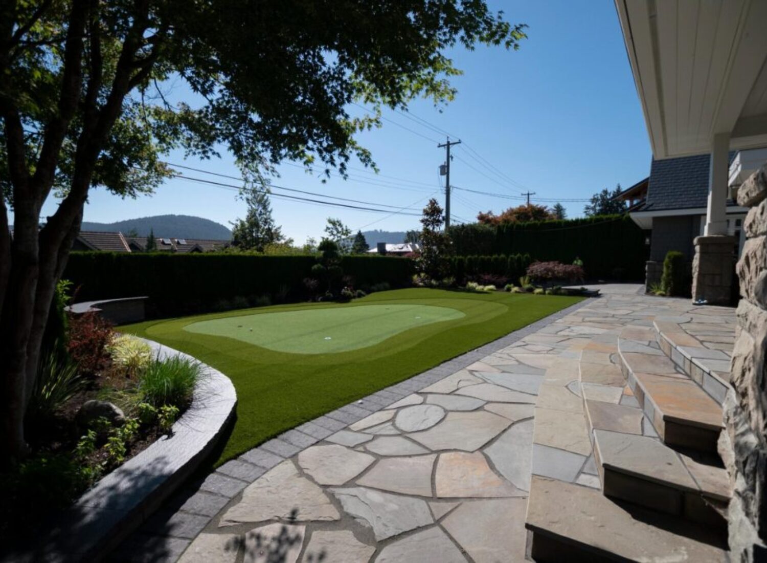 Backyard putting green with stone patio and hedges