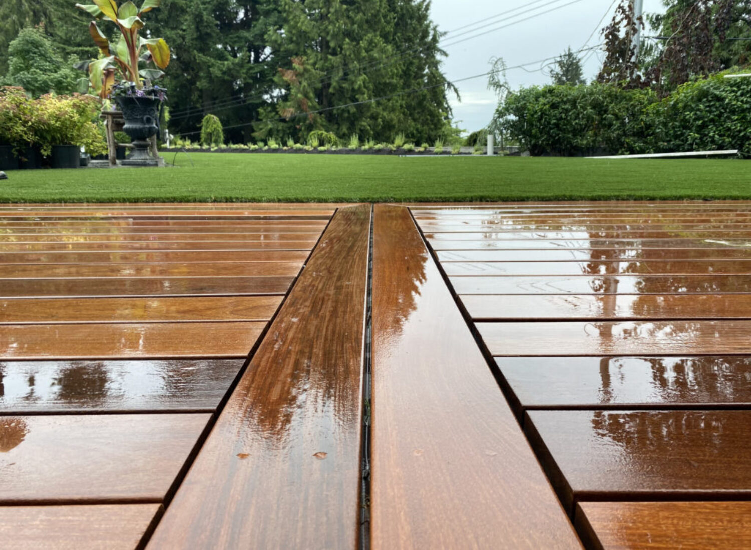 Wet wooden deck reflecting garden after rain