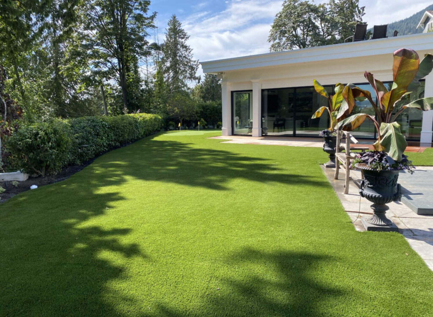 Modern house with lush green backyard lawn