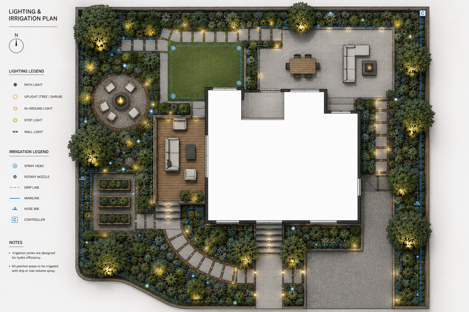 Landscape lighting and irrigation layout plan