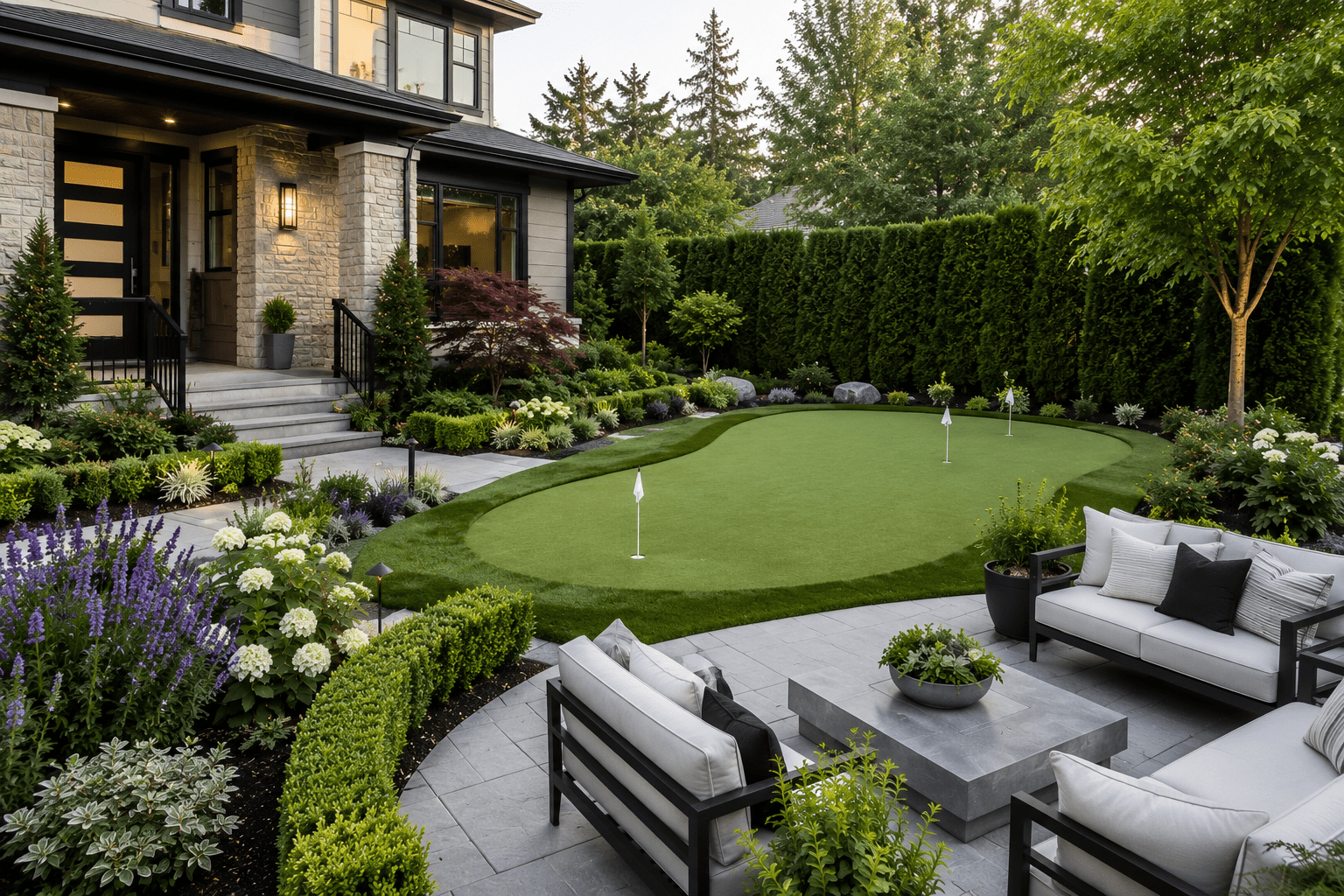Landscaped backyard with putting green and patio seating