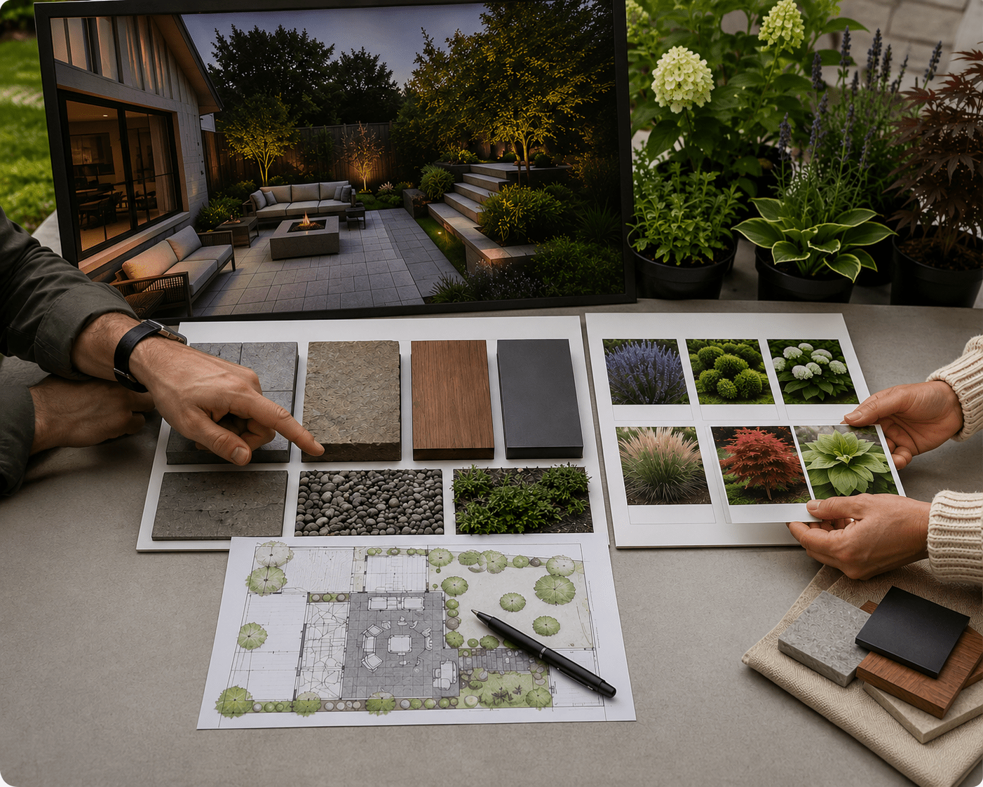 Landscape design planning with samples and patio rendering