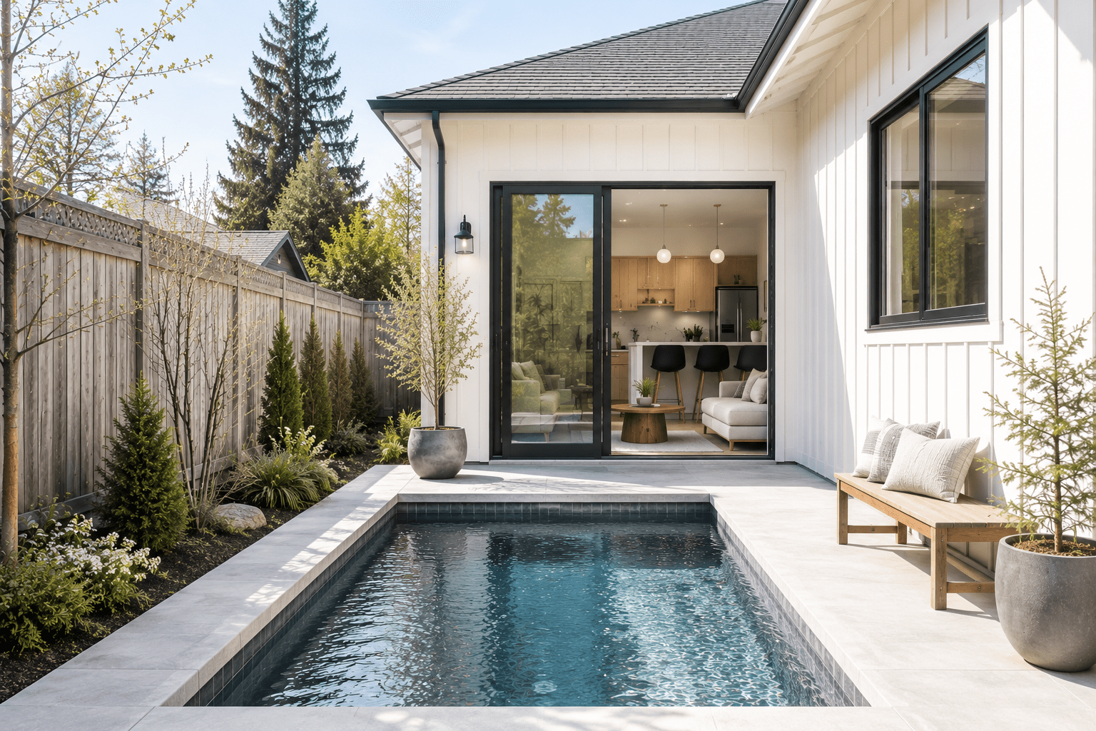 Modern backyard with small plunge pool and patio