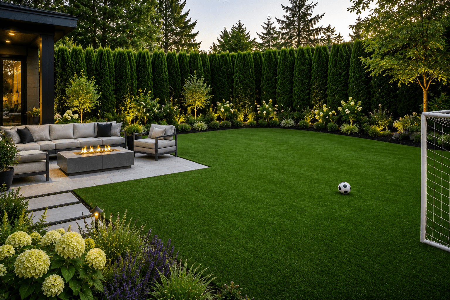 Modern backyard with fire pit and soccer goal
