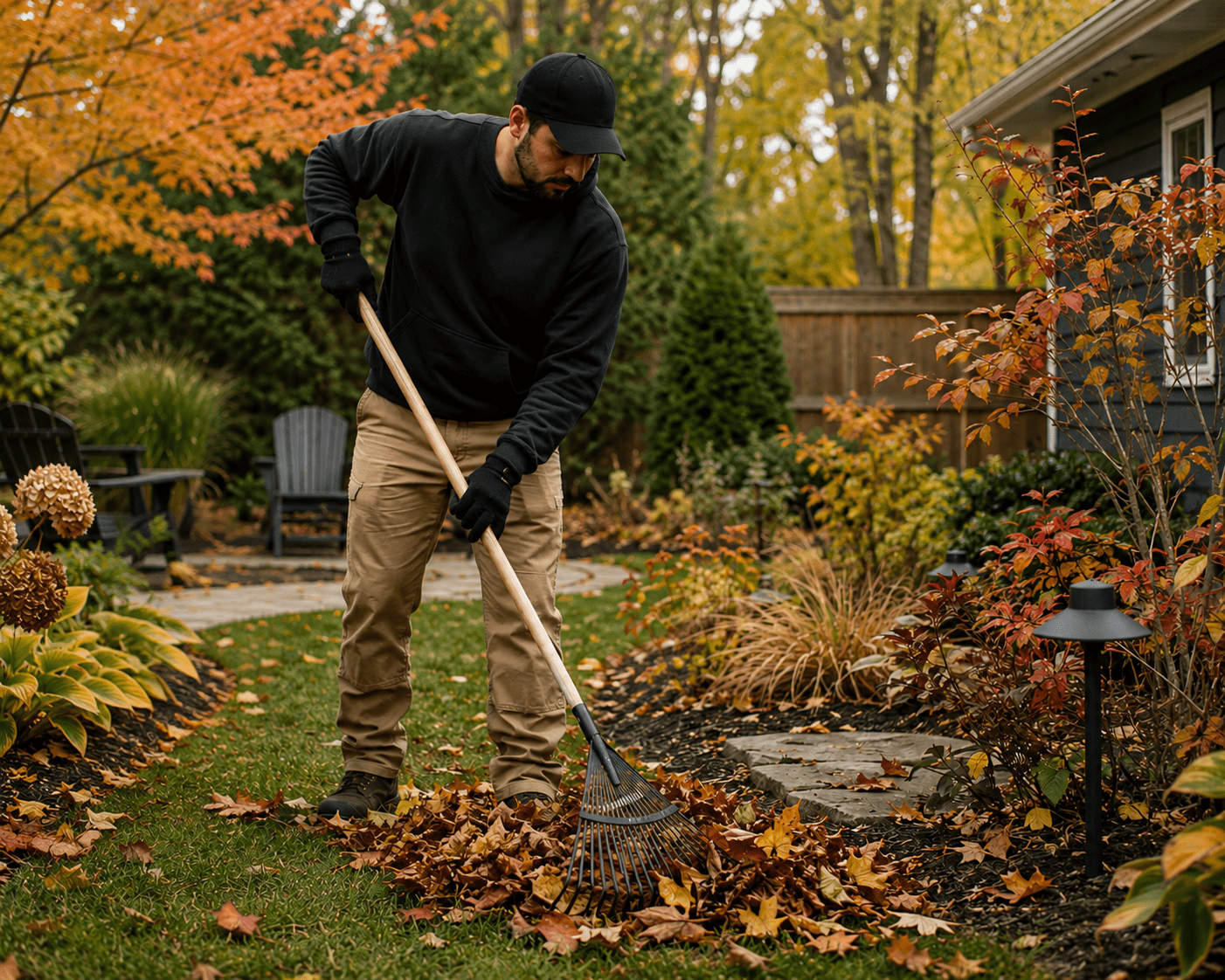 Man raking autumn leaves in backyard garden