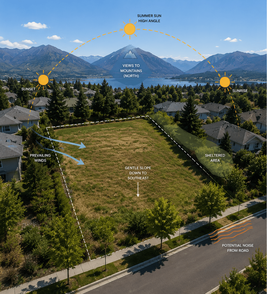 Residential site analysis with sun path and views