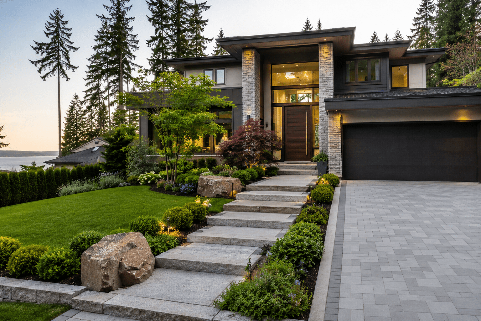 Modern two-story home with landscaped front yard