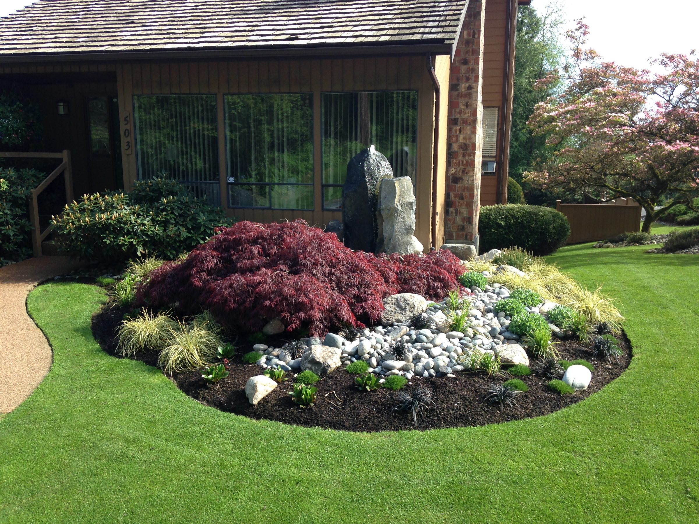 Landscaped front yard with rocks and red maple
