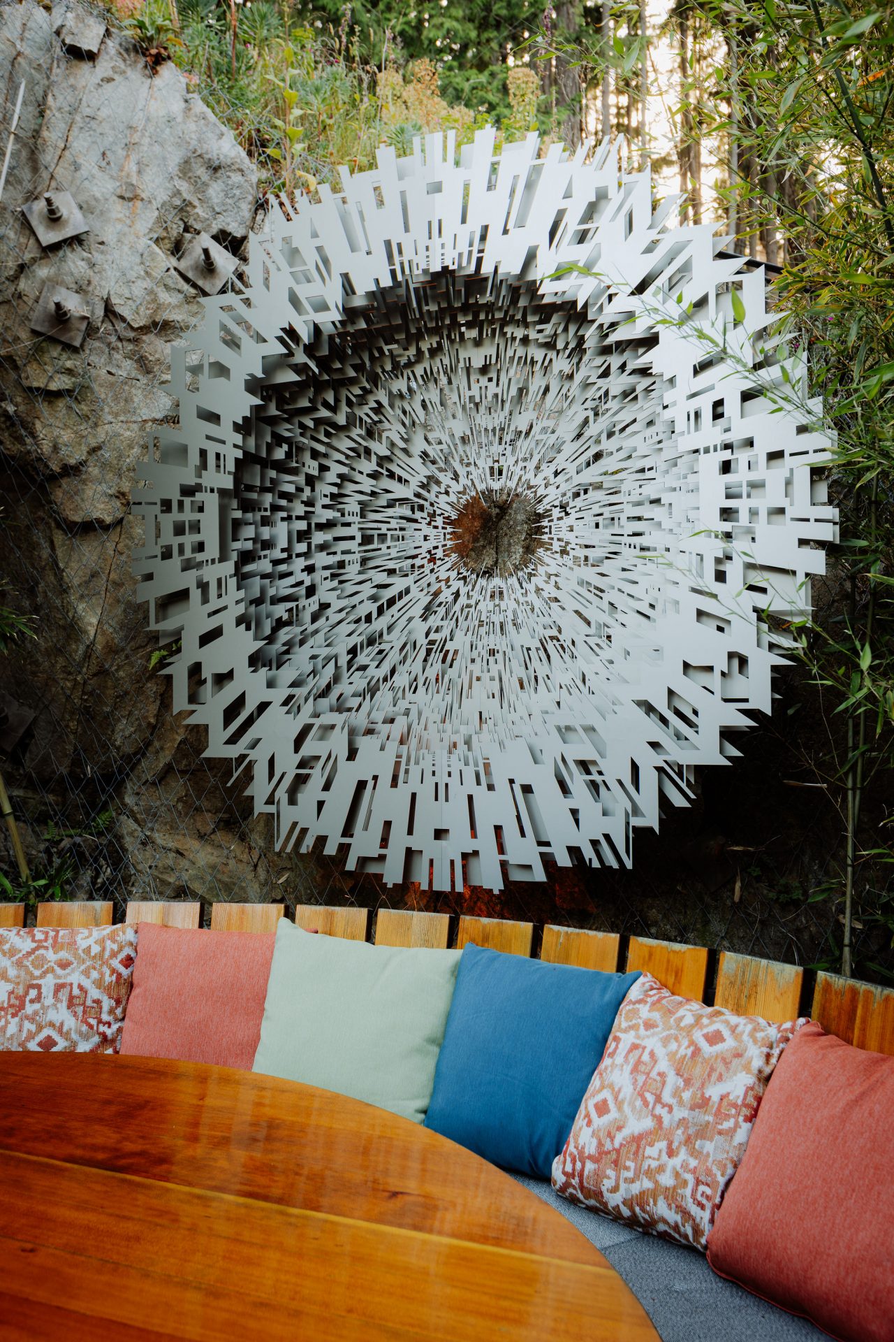 Geometric white circular wall art outdoors